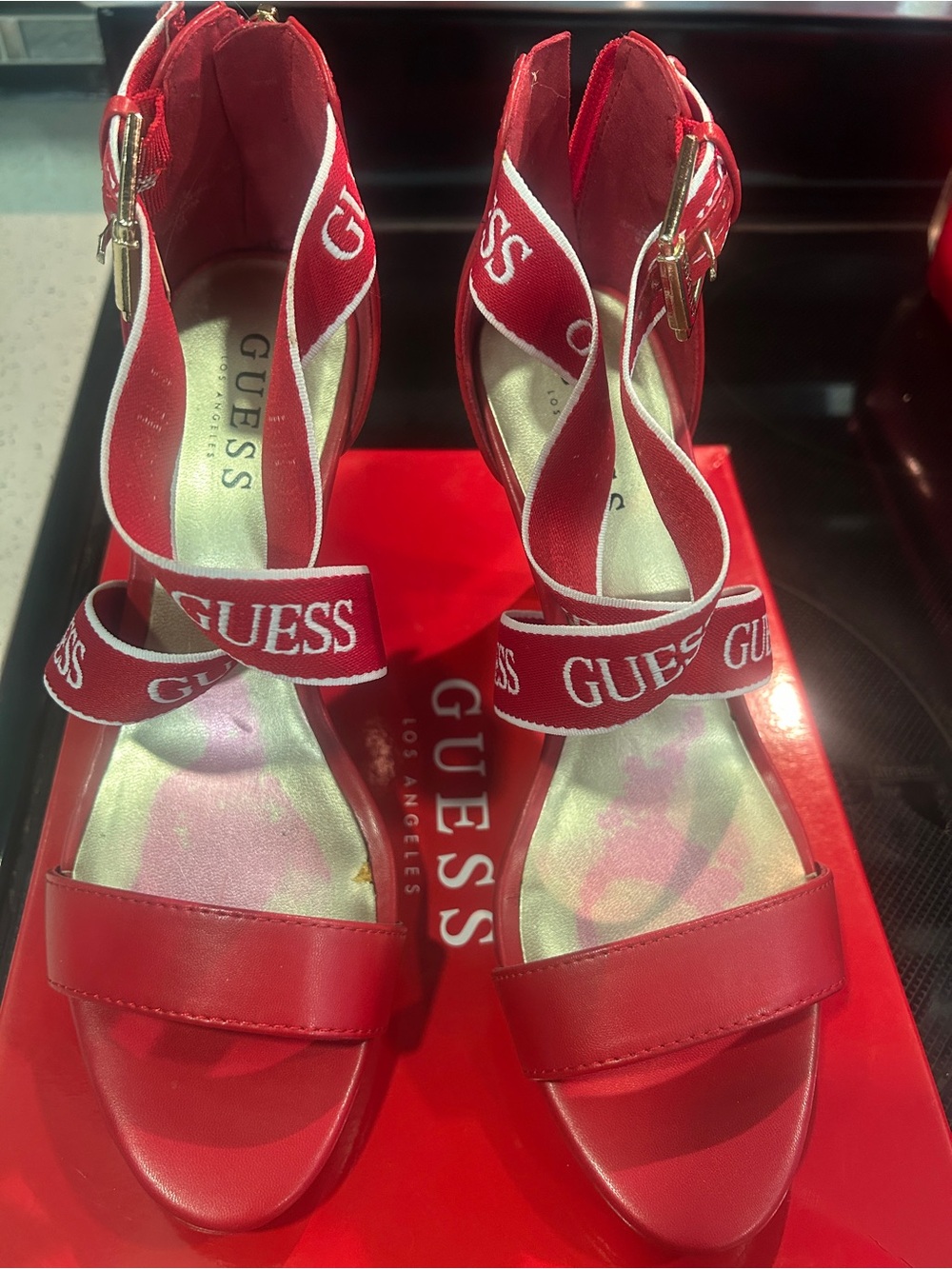 GUESS Red Logo-Strap High Heel Sandals